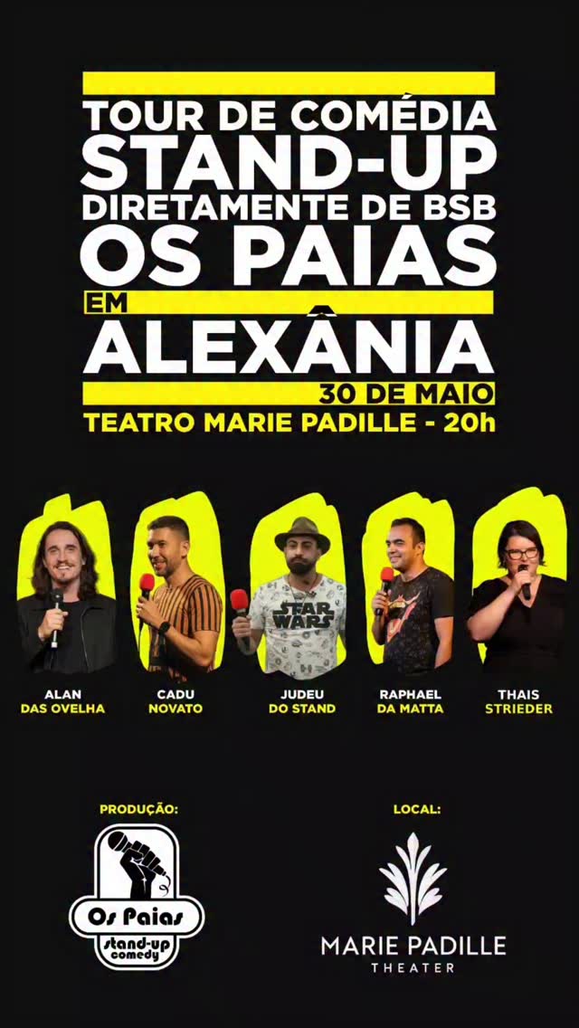 🎤😂 ALEXÂNIA, PREPARA O RISO! 😂🎤
A Tour de Comédia Stand-Up chega diretamente de Brasília com Os Paias, trazendo uma noite de humor, improviso e muitas gargalhadas no palco do Teatro Marie Padille!
📅 30 de maio
🕗 20h
📍 Teatro Marie Padille – Alexânia
🎟️ Ingressos: R$50 e $25 meia entrada
🔞 Classificação: 16 anos
📲 Garanta já o seu ingresso no Sympla! Corre porque os lugares são limitados!
Com participação de:
Vc tem 🎙️ Alan das Ovelha
🎙️ Cadu Novato
🎙️ Judeu do Stand
🎙️ Raphael da Matta
🎙️ Thaís Strieder
Uma noite para esquecer os problemas e rir até a barriga doer! 🤣🔥
⚠️ Chama os amigos, monta a turma e vem viver essa experiência de humor ao vivo!
#StandUpComedy #OsPaias #Alexânia #TeatroMariePadille #ComédiaAoVivo
