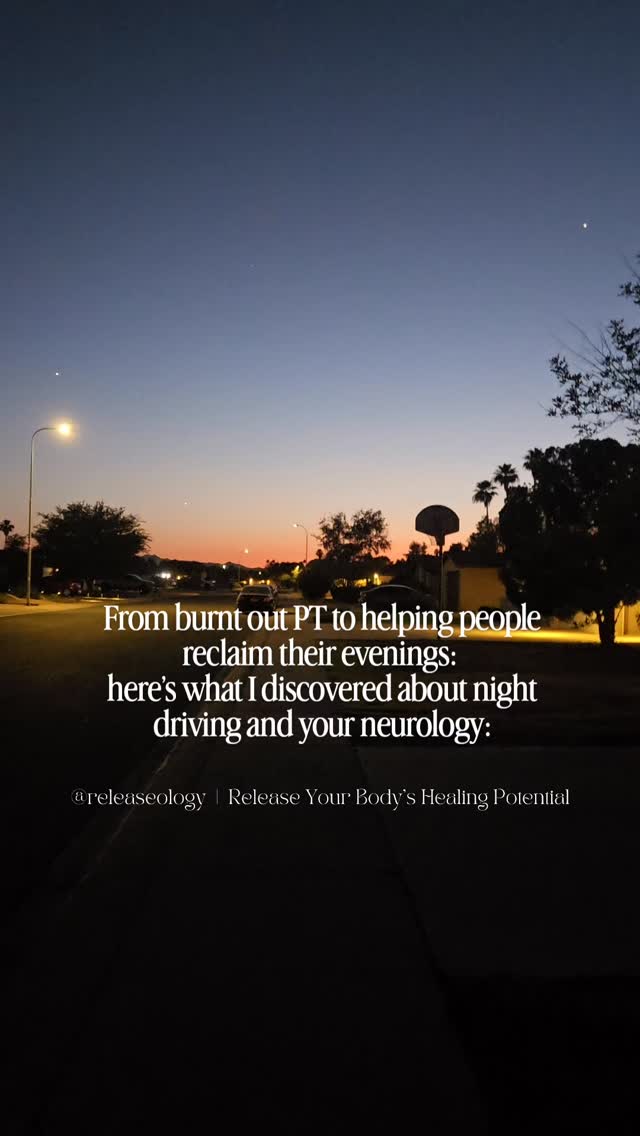 A lot of people think their night driving struggles are “just anxiety” or “getting older.”
But many times, it’s actually a brain, body and sensory processing issue.
Your brain has to process visual input, depth perception, light sensitivity, eye coordination, neck positioning, stress signals, and reaction timing all at once. If those systems are overloaded or compensating, your body can interpret night driving as a threat.
That’s when symptoms start showing up:
→ dizziness
→ tension headaches
→ panic while driving
→ blurred vision
→ neck tightness
→ feeling exhausted after short drives
→ trouble with bright headlights or busy roads
As a neuro-based PT, I stopped looking at symptoms in isolation and started looking at how the brain and body communicate.
Because unexplained symptoms are often very explainable… when you understand neurology.
And when you improve the signals, the symptoms often change faster than people expect.
If night driving feels harder than it “should,” your body may not be overreacting. Your system may just be overwhelmed.
Follow @Releaseology for more nervous system + neurology education that actually makes sense.