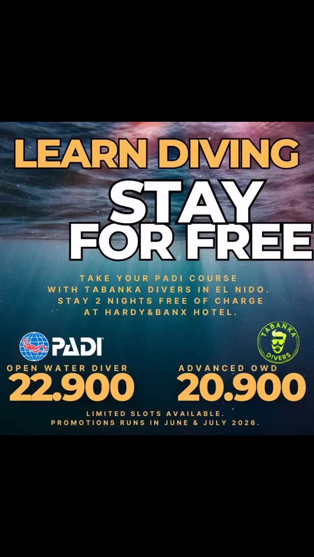 🚨 LEARN TO DIVE & STAY FOR FREE IN EL NIDO! 🚨
Thinking about getting PADI certified this summer? We are making it an absolute no-brainer.
Book your PADI Open Water or PADI Advanced OWD course with Tabanka Divers this June or July, and your accommodation is ON US! 🛌✨ Get 2 FREE nights at our boutique hotel, Hardy & Banx in CorongCorong.
Here is the deal:
🤿 Open Water Course: ₱22,900
🦈 Advanced OWD: ₱20,900
(Couples & Buddies welcome!)
What’s Included?
✅ Full PADI Course & eLearning
✅ 2 FREE Nights at Hardy & Banx Hotel
✅ Scuba Gear Rental
✅ Boat Lunches & Coffee
✅ German-Managed PADI 5-Star Quality
🌴 WANT TO STAY LONGER? Promo guests get an exclusive option to extend their hotel stay for a heavily discounted flat rate of just ₱1,800/night.
⏳ Strictly limited slots available for June & July 2026. Valid for direct bookings only!
📲 HOW TO BOOK:
Send us a DM or click the WhatsApp link in our bio and message us “STAY & DIVE” to lock in your dates!
#TabankaDivers #ElNidoPalawan #HardyAndBanx #PADI #LearnToDive