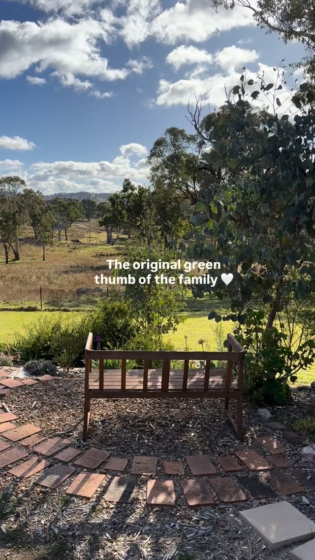 Today would have been our Oma’s 100th birthday 🤍
She was the original green thumb in our family. The kind of person who could spend hours in the garden, talking to her plants, tending to every corner, completely content in nature. Her little home in the Blue Mountains backed onto the bush, and even into her 90s she was still outside, soaking up the fresh air, hands in soil and caring for the things she loved.
So much of our appreciation for slow living, nature and outdoor spaces started with her (even if we didn’t appreciate it at the time!).
That love was passed down to Mum too, who poured so much heart into bringing Wandarra’s gardens to life with Dad working hard by her side. And when we first found this property, we knew straight away there needed to be a spot dedicated to Oma.
The bench on the front lawn became that place.
A quiet seat overlooking the countryside, where the birds pass through, the kangaroos hop by and the light changes across the hills. Exactly the kind of place she would have loved to sit for hours, simply taking it all in.
A small way to keep her part of the Wandarra story ✨🍃
