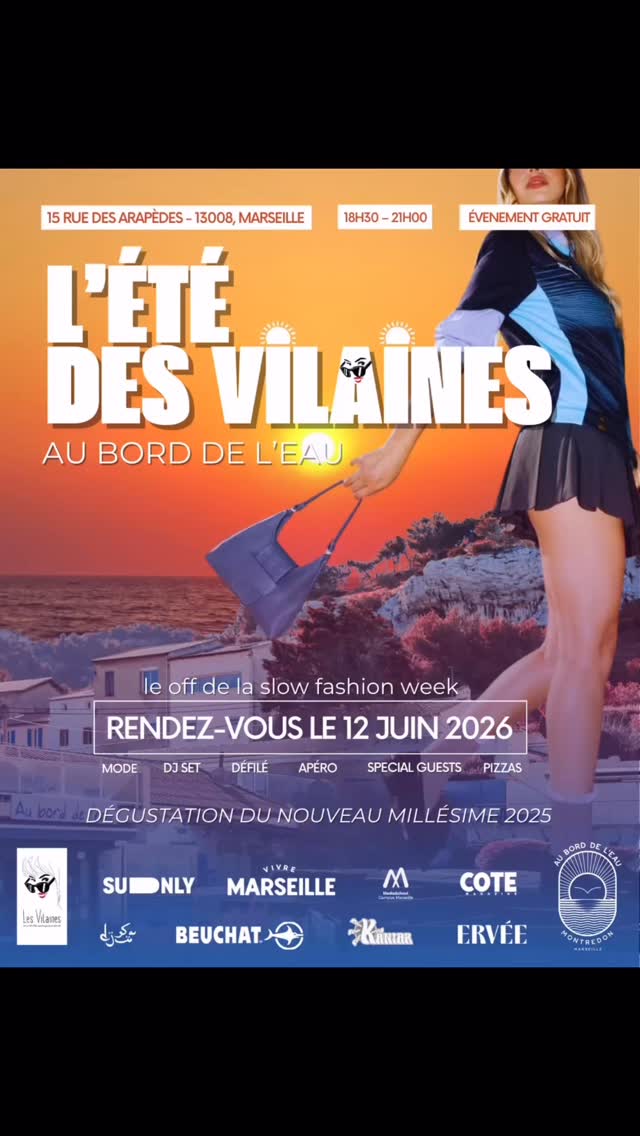 J-16: RENDEZ-VOUS AU BORD DE L’EAU VENDREDI 12 JUIN (18h30 - 21h00)
Le 12 juin, @les.vilaines investissent le restaurant @auborddeleau13008 pour une soirée entre défilé sunset, créations marseillaises, rosé de Provence et art de vivre méditerranéen.
Pendant une semaine où Marseille célèbre la création et la mode sous toutes ses formes, L’Été des Vilaines réunira plusieurs marques marseillaises engagées autour d’un défilé face à la mer, dans l’un des lieux les plus emblématiques du littoral marseillais.
Pensé comme un rendez-vous ouvert à tous, l’événement mêle rencontres, mode, artisanat, gastronomie et coucher de soleil dans l’esprit des Vilaines :
un rosé bien frais, la mer en toile de fond et des soirées qui commencent à l’heure où le soleil décline.
Au programme :
- Découverte du nouveau millésime 2025 rosé Les Vilaines
- Défilé et rencontres avec les créateurs @ervee_rv @beuchat_diving @kaniarcrochet
- Collaboration exclusive Beuchat x Ervee
- Pizzas marseillaises et spécialités méditerranéennes signées Au Bord de l’Eau
⏰18h30 - 21h00
Avec la participation de :
BEUCHAT - ERVEE - DJEÏA - KANIAR CROCHET
Rendez-vous au restaurant Au Bord de l’Eau
Réservation dîner -à partir de 20h- au 04 91 72 68 04
@ervee_rv @djeiaaa @beuchat_diving @djeiaaa @kaniarcrochet
Un événement réalisé avec les étudiantes de 2e année de @mediaschoolmarseille
Merci à nos partenaires médias @vivremarseille @cote.magazine @sudnly.fr @terrasse_en_ville
Créa affiche: Mes élèves de 2e année chez @mediaschool 🙏🏼👏🏼