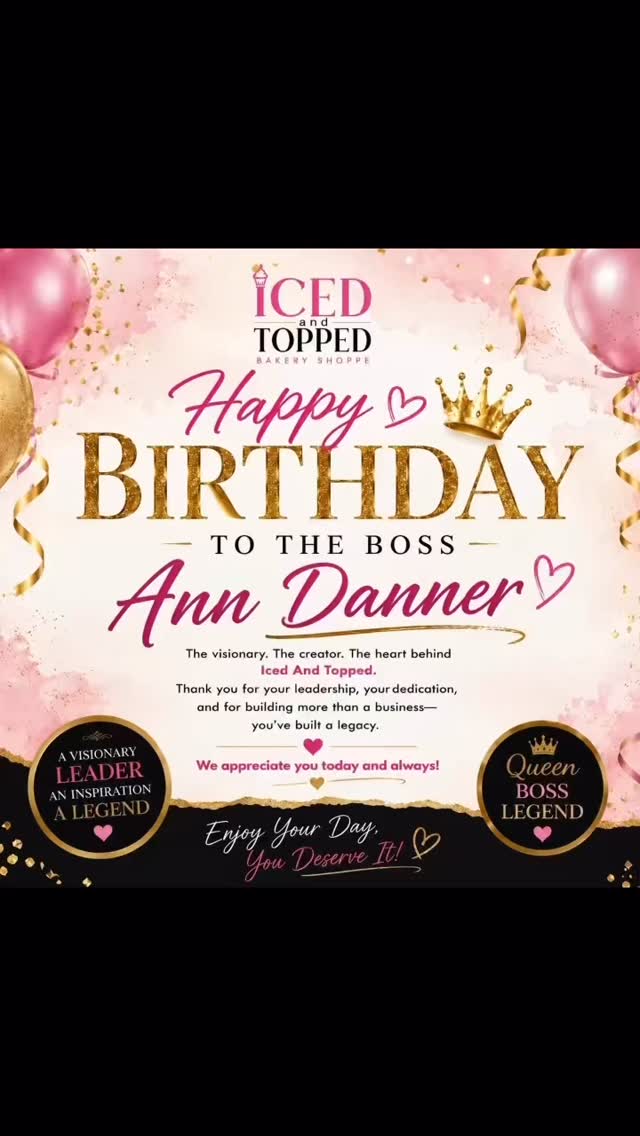 🎉 Today We Celebrate The Visionary Behind The Magic 🎉
Happy Birthday to the Boss, the visionary, the creator, and the heart behind Iced And Topped Bakery Shoppe — Ann Danner! 👑✨
From building brands and creating experiences to pouring love into every detail, your vision has turned dreams into destinations. Thank you for creating a space where community, creativity, luxury, and sweetness all meet together.
Today we celebrate not just a birthday…
We celebrate a woman of legacy, excellence, resilience, and purpose. 💕🎂
Help us wish our amazing boss a VERY Happy Birthday in the comments! 🥳🎈
#HappyBirthdayAnnDanner #BossBirthday #IcedAndTopped #WomanOfVision #LegacyBuilder BlackWomanOwned AtlantaBakery DouglasvilleGA BirthdayQueen LuxuryBakery VisionaryWoman BossMoves EntrepreneurLife SweetSuccess