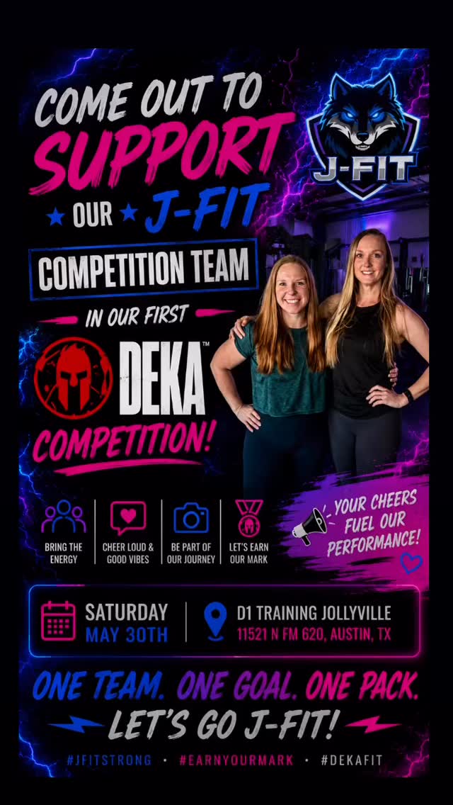 🐺⚡️ THIS SATURDAY WE COMPETE ⚡️🐺
Jordon and Joe start at 8:30
Alex and Kendra start at 10:30
Come out and support our J-FIT Competition Team as we take on our FIRST EVER DEKA competition! 💙🩷💜
This team has been training hard, showing up consistently, pushing limits, and stepping outside their comfort zones to prepare for this moment — and now it’s time to put the work to the test. 🔥
We would LOVE to have our community there bringing the energy, cheering loud, and supporting the pack every step of the way! 🐺💪
📍 D1 Training Jollyville
11521 N FM 620, Austin, TX
📅 Saturday, May 30th
Whether you’re a member, friend, family member, or just part of the J-FIT community, your support means everything to us. Let’s show everyone what the J-FIT pack is all about. ⚡️
ONE TEAM.
ONE GOAL.
ONE PACK.
LET’S GO J-FIT! 🔥
#JFIT #JFITStrong #DEKA #DEKAFIT #SpartanDEKA CompetitionTeam FunctionalFitness AustinFitness LeanderTX CedarParkTX GymCommunity EarnYourMark FitnessCompetition FitnessFamily TeamJFIT SupportLocal HybridAthlete ElectricEner