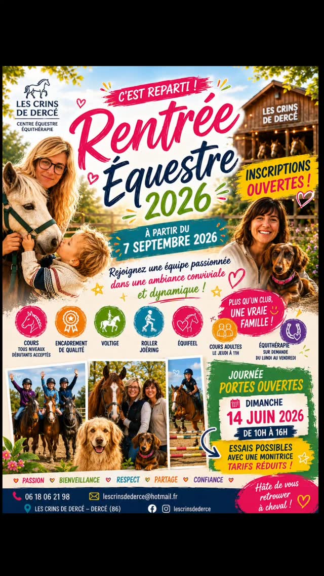 Le planning DE LA RENTREE 2026 est prêt ...
Les inscriptions démarrent dès le 1er juin pour TOUT PUBLIC
ce WE possible de réserver UNIQUEMENT pour les adhérents de la SAISON 2025/2026
(petite avant première 🤪🤪🤪😉)
LA SAISON 2026/2027 se prépare, s'ajuste... Et je crois qu'elle va être encore PLUS DINGUE !!!
Une saison de concours SAUT D'OBSTACLES !
NOUVELLE session de ROLLER JOERING !
NOUVEAU créneau ADULTES !
Spectacle... Jeux ... Chalenge 2027..
LES CRINS DE DERCE poney club
FONCEZ !
RESERVEZ VOS PLACES !
attention.. quand c'est complet .. c'est complet 😉
#lescrinsdederce