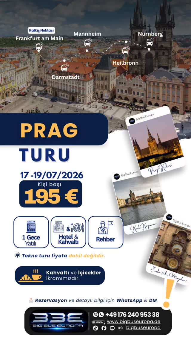 🏰✨ Avrupa’nın en büyüleyici şehirlerinden biri olan Prag’ı keşfetmeye hazır mısın?
Tarihi sokakları, eşsiz mimarisi ve masalsı atmosferiyle Prag’da unutulmaz bir hafta sonu seni bekliyor.
🗓️ 17 – 19 Temmuz 2026
💶 Kişi Başı: 195 €
🏨 1 Gece Otel Konaklaması
🥐 Kahvaltı Dahil
👨💼 Rehber Eşliğinde
🚌 Konforlu Ulaşım
📍 Prag Kalesi
🌉 Karl Köprüsü
⏰ Eski Şehir Meydanı ve Astronomik Saat
🍻 Tarihi sokaklar ve serbest zaman
📸 Birbirinden güzel fotoğraf noktaları
⚠️ Kontenjan sınırlıdır. Erken rezervasyon avantajını kaçırmayın.
📩 Rezervasyon ve detaylı bilgi için WhatsApp veya DM üzerinden bizimle iletişime geçebilirsiniz.
✨ Tarih, kültür ve eğlence dolu bir Avrupa kaçamağı için yerinizi hemen ayırtın!
#BigBusEuropa #PragTuru #Prag #Prague #CzechRepublic AvrupaTurlari AvrupaGezisi HaftaSonuKacamagı OtobusTuru AlmanyadanTur Frankfurt Darmstadt Mannheim Heilbronn Nurnberg KarlKoprusu PragKalesi EskiSehirMeydani TravelEurope Gezi Seyahat Kesfet Tatildeyiz WeekendTrip TravelReels EuropeTravel PragueTrip GeziRehberi BigBus AvrupaRuyasi 🏰✨🚍