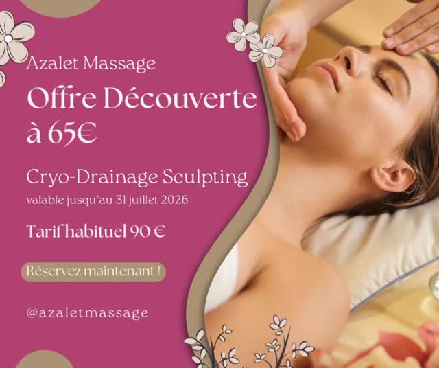 🏆🌍 8e AU CHAMPIONNAT DU MONDE DU MASSAGE ! 🌍🏆
Envie de tester l'excellence ? Dès mi-juin, découvrez au cabinet le Cryo-Drainage Sculpting, un massage facial d'exception validé médicalement par le célèbre chirurgien esthétique Dr Sarfati.
✨ Les bénéfices (Lifting naturel) : Fusion unique de techniques russes de remodelage, de Kobido et de chaud/froid. Idéal pour drainer, regalber les volumes du visage et offrir un coup d'éclat spectaculaire !
🎁 OFFRE DE BIENVENUE : 65€ au lieu de 90€
📍 Cabinet à Genainville (95), à 5 min de Magny-en-Vexin. Places très limitées !
📅 Pré-réservation ouverte : Cliquez sur le lien dans ma bio ou sur www.azaletmassage.fr/reserver pour bloquer votre créneau.
🔍 À savoir :
Valable sur votre 1ère séance découverte au cabinet jusqu'au 31/07/2026.
Non cumulable avec d'autres promos ou forfaits.
Modification ou annulation 24h à l'avance. Merci !
#CryoDrainageVisageMagnyEnVexin #BienÊtreRemodelageGenainville
#Massotherapeute95
#MassageKobidoValDoise
#ChampionnatDuMondeDuMassageMagnyEnVexin