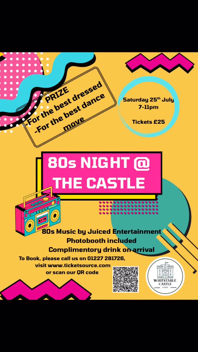 ๐บโจ Get ready to rewind to the raddest decade ever! โจ๐บ
Join us for an unforgettable 80s Night @ The Castle ๐ถ๐ง
Expect iconic tunes, retro vibes, killer dance moves, and prizes for:
๐ Best Dressed
๐ Best Dance Move
๐ Whitstable Castle
๐
Saturday 25th July
โฐ 7PM โ 11PM
๐๏ธ Tickets ยฃ25
โจ Includes:
๐ธ Photobooth
๐ฅ Complimentary drink on arrival
๐ต 80s music by Juiced Entertainment
Dust off your neon, tease that hair, and bring your best 80s energy! ๐โก
Book now:๐ 01227 281726
๐ www.ticketsource.com / Whitstable Castle
#80sNight #RetroParty #WhitstableCastle #DanceTheNightAway #80sVibes