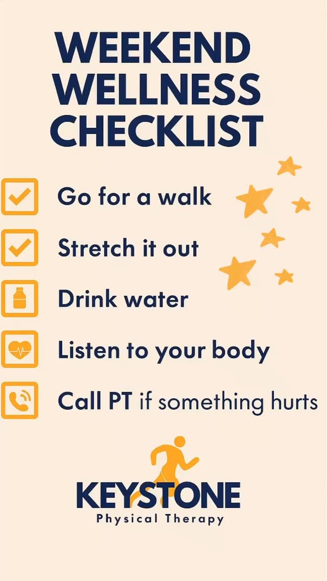 ☀️ Weekend Wellness Checklist ☀️
A healthy weekend doesn’t have to be complicated. Focus on the basics:
✅ Move your body
✅ Stay hydrated
✅ Get outside
✅ Prioritize quality sleep
✅ Take time to relax and recharge
Small habits add up, and taking care of yourself today can help you feel your best for the week ahead. 💙
#WeekendWellness #HealthyHabits #StayActive #KeystonePT #MoveBette