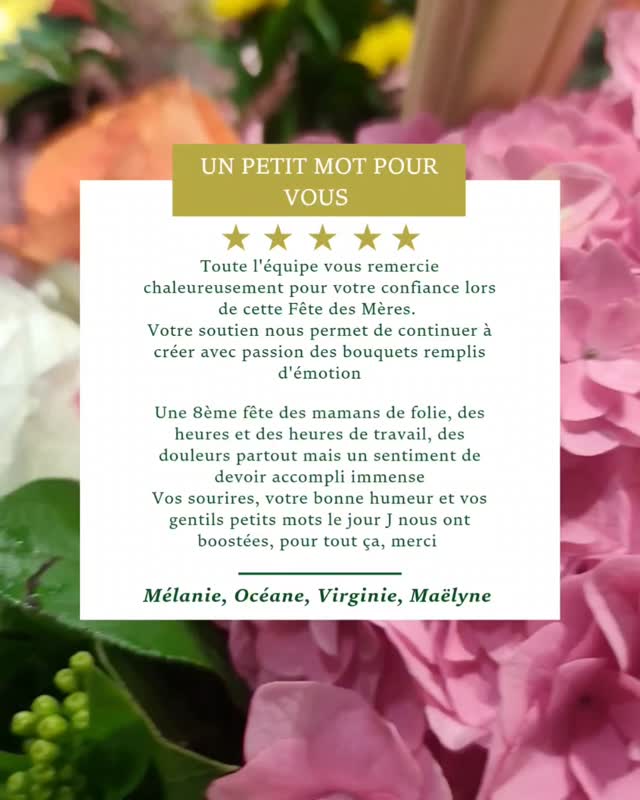 💕 Message important pour vous 💕
C'est avec beaucoup de gratitude que nous vous remercions pour votre fidélité sans faille, votre gentillesse et tout ce qui va avec
Vous nous portez quand la fatigue tente de l'emporter, et nous sommes très heureuses d'avoir pu fleurir plus de 350 mamans ce week-end 🩷
Si vous avez eu des fleurs, partagez en story vos bouquets 🥰