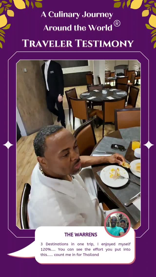 Traveler Testimonial Spotlight ✨
One of the greatest rewards of the Culinary Journey is hearing directly from our travelers.
The Warrens, who joined us from the Philadelphia/Delaware area, shared:
✔ “120% experience”
✔ “Very well-prepared journey”
✔ “Each city allowed time to explore and enjoy”
This is intentional travel—where every detail is designed so you can immerse yourself fully in culture, food, and connection.
And as they beautifully said…
Thailand, we are ready for you.
Now accepting travelers for Culinary Journey Thailand 2027 🇹🇭
#CulinaryJourney
#TravelWithChefJoanneThomas
#LuxuryFoodTravel
#BucketListTravel
#TasteTheWorld