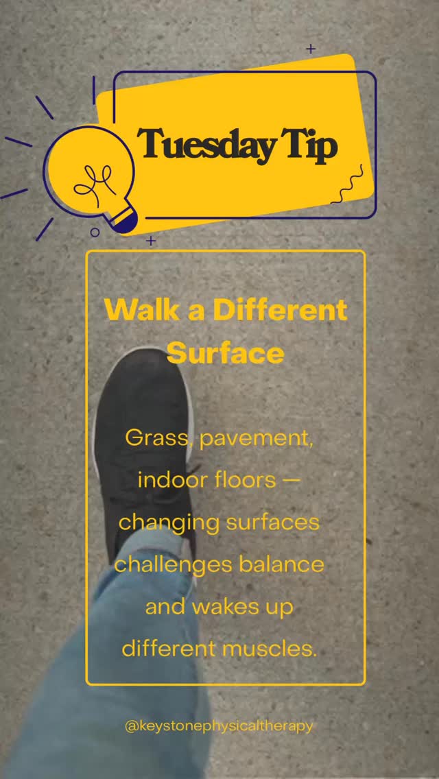 🚶♀️ Tuesday Tip: Walk on a Different Surface
Changing up your walking surface can challenge your balance, strengthen different muscles, and improve overall stability. Try taking a walk on grass, a trail, sand, or another safe surface to give your body a new movement challenge.
Start slowly, pay attention to your footing, and choose a surface that matches your comfort and ability level.
Small changes in your routine can help keep your body strong, adaptable, and ready for everyday activities. 💙
#TuesdayTip #BalanceTraining #StayActive #KeystonePT #MoveBett