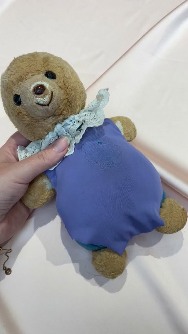 I started sewing my teddy bear little outfits and keep going until I was sewing for a living! It can feel like an uphill struggle sometimes but being able to do something I love for a living is something I don’t take for granted 💕
Video description- A well loved teddy bear with a hand sewn swimming costume outfit being turned around before several sewing clips and product videos