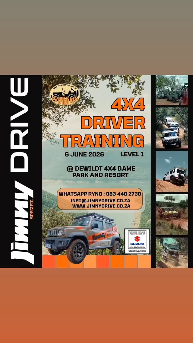 JimnyDRIVE L1 4X4 Driver Training course dates for June 26 @dewildt4x4_gamepark !😀
Book early to avoid disappointment! Get to know your Jimny better and learn how to handle your Jimny in a safe and responsible manner!
🌟6 th June
🌟7th June
🌟14th June
🌟28th June
For more information, contact Ryno via WhattsApp
083 440 2730
www.jimnydrive.co.za
#suzuki_za #JimnyDRIVE
#4x4Training#dewildt4x4