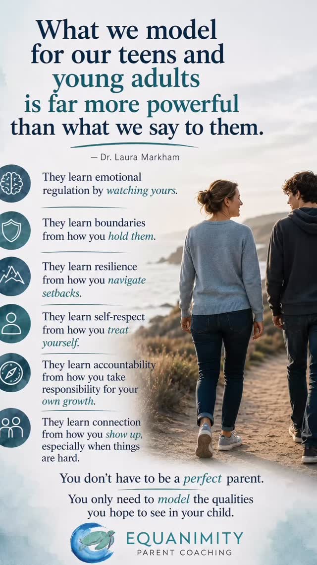 If you’re parenting a teen or young adult who is struggling, it’s easy to believe the answer is finding the right words, the right consequence, or the right solution.
But your greatest influence may not be what you say.
It’s what you model.
Your child is watching how you respond to stress.
How you navigate disappointment.
How you set boundaries.
How you treat yourself.
How you repair mistakes.
How you care for your mental, emotional, and physical well-being.
Whether your family is navigating substance use, mental health challenges, neurodivergence, or difficult behaviors, your child learns more from your example than your advice.
This doesn’t mean you need to be perfect.
It means your own growth matters.
When parents become calmer, more regulated, and more intentional, they create the conditions for healthier relationships, stronger boundaries, and lasting family change.
At Equanimity Parent Coaching, we help parents of teens and young adults develop the emotional leadership skills needed to navigate life’s toughest parenting challenges with greater confidence, clarity, and connection.
Because changing the family system often begins with changing how we show up within it.
What is one quality you hope your child learns from watching you?
👇 Share below or send a DM if you’re ready to begin your own parent growth journey.
#ParentCoaching
#ParentingTeens
#ParentingYoungAdults
#FamilyRecovery
#EmotionalRegulation