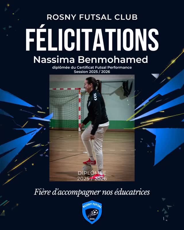 👩🏼🎓⚽️Le Rosny Futsal Club est fier d’annoncer la réussite de Nassima BenMohamed, qui vient de valider avec
succès son Certificat Futsal Performance pour la saison 2025-2026, délivré par la FFF - Fédération Française de Football.
Cette certification d’État valide une expertise technique et pédagogique pointue, indispensable pour accompagner la progression de nos joueuses féminines.
La formation de nos cadres techniques et la féminisation de nos équipes d’encadrement sont au cœur du projet de développement du club. En soutenant activement la montée en compétences de nos éducatrices, nous structurons durablement l’avenir de notre section Futsal Féminin.
Félicitations à Nassima, pour ce jalon professionnel important. Elle incarne parfaitement les valeurs de transmission et d’excellence de notre projet.
#Futsal #SportAuFéminin #ManagementSportif #Educatrice FFF
rosnyfutsal