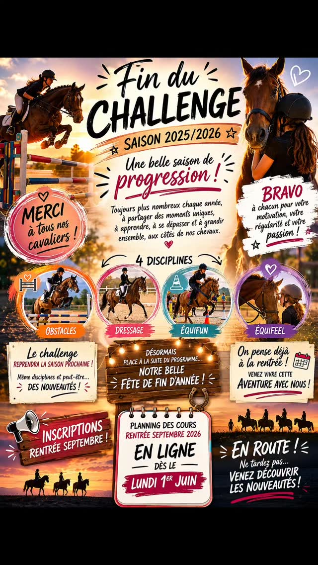 🏆✨ FIN DU CHALLENGE – SAISON ÉQUESTRE 2025 / 2026 ✨🏆
Une nouvelle saison se termine…
Et quelle magnifique aventure nous avons vécue ensemble ! 🐴❤️
Cette année encore, vous avez été toujours plus nombreux à participer à notre challenge annuel, à progresser, à vous dépasser et à partager avec nous votre passion de l’équitation.
Au fil des 4 disciplines — obstacles, dressage, équifun et équifeel — chaque cavalier a pu évoluer, prendre confiance, apprendre et surtout vivre de très beaux moments à cheval.
Cette saison 2025/2026 aura été remplie de progression, de sourires, d’émotions, de défis relevés et de beaux souvenirs gravés au club.
👏 Un immense bravo à tous nos cavaliers pour leur motivation, leur persévérance et leur bonne humeur tout au long de l’année !
Et ce n’est pas fini… ✨
Le challenge reviendra la saison prochaine avec nos 4 disciplines incontournables… et peut-être même quelques nouveautés 👀🐎
Mais avant cela… place à la suite du programme :
🎉 notre grande fête de fin d’année ! 🎉
Et déjà, nous pensons à la rentrée de septembre…
Les inscriptions approchent pour tous ceux qui souhaitent vivre cette belle aventure à nos côtés. ❤️
📅 Le planning des cours de la rentrée septembre 2026 sera mis en ligne dès le lundi 1er juin.
Alors en route pour une nouvelle saison…
Ne tardez pas… Venez découvrir les nouveautés et rejoindre l’aventure des Crins de Dercé ! 🐴✨
Avec Cecile ma super collègue, nous serons prêtes pour la saison qui arrive...
MERCI À ELLE POUR SON INVESTISSEMENT...et tout les organisations des challenges... Qui ont été un grand succès...
Elle assure 💪💪😉🤪
#lescrinsdederce #virginiedufresne