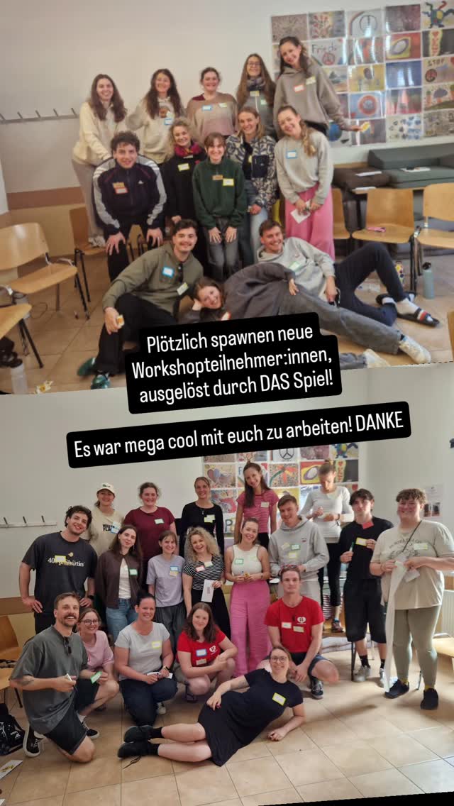 Plötzlich spawnten neue Teilnehmer:innen
Workshop für Feriencampleiter:innen der Kinderfreunde.
Die Mission: neue Spielideen fürs Feriencamp entwickeln
Ein Spiel wurde getestet und kam so gut an, dass es direkt in die zweite Runde ging.Diesmal sogar mit Teilnehmer:innen, die eigentlich gerade andere Aufgaben hatten.
Feldversuch erfolgreich eskaliert. 😄
