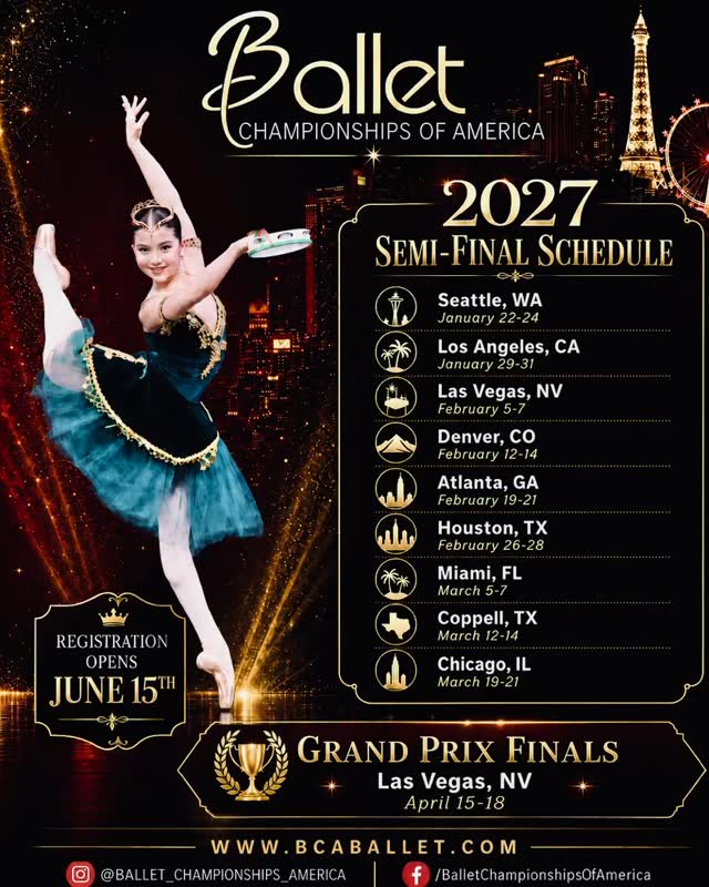 We are thrilled to unveil the 2027 Ballet Championships of America Semi-Final Schedule. Nine cities. One dream. And a Grand Prix Finals stage waiting in Las Vegas, April 15-18.
We help dancers feel seen and supported every step of the way, from their first semi-final to the Grand Prix Finals stage.
Registration opens June 15th along with Early Bird Pricing. Take advantage of the lowest rates of the season and secure your spot early.
Learn more at www.bcaballet.com