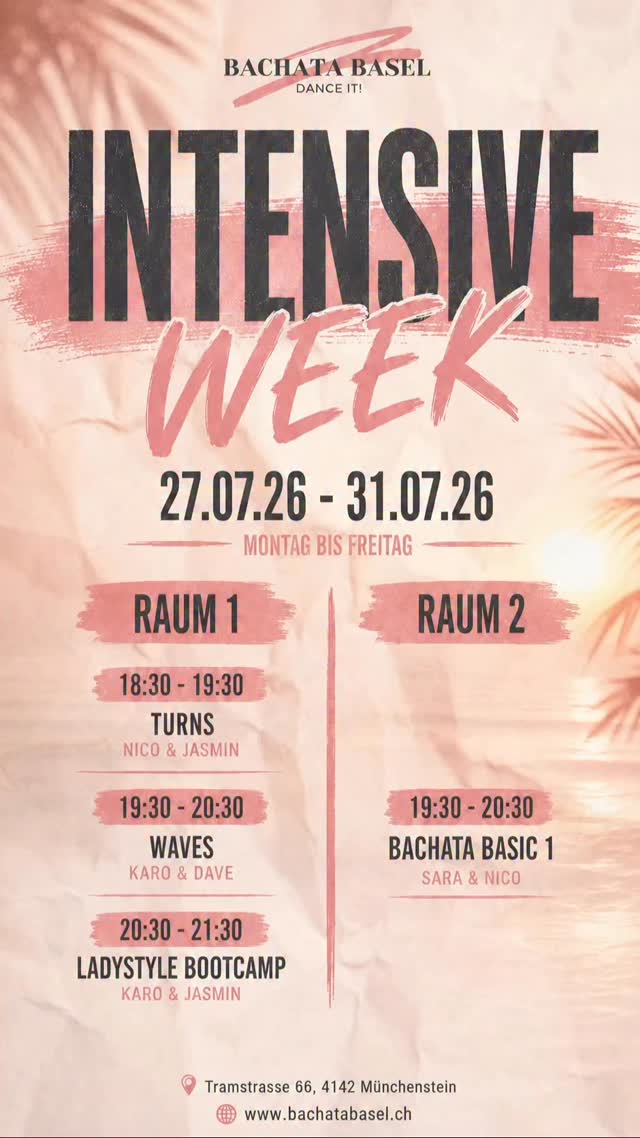 Eine Woche Intensiv Kurse ☀️ Lerne Bachata zu tanzen in nur 5 Tagen 💃 27. bis 31. Juli 2026 🔥‼️
#sommerbasel #baselsommer #tanzenbasel #baseltanzen #bachatabasel