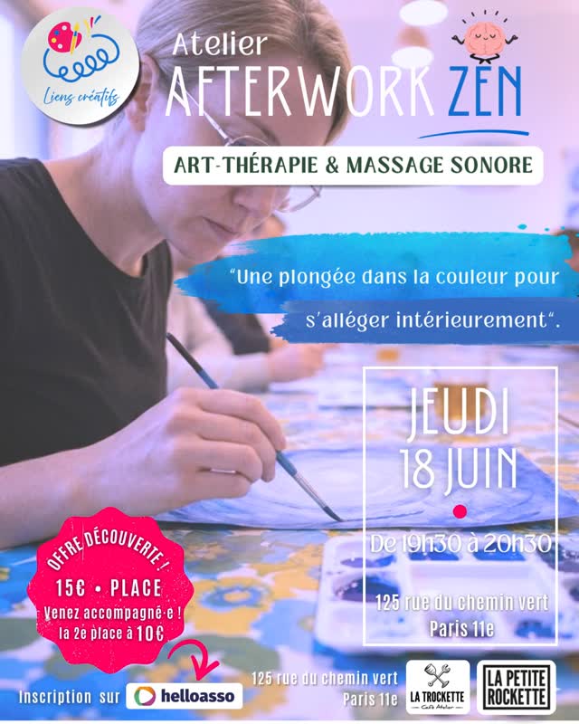 📣 Une nouvelle parenthèse bien-être approche ! 😌 🌿🗓 Jeudi 18 juin | ⏰ 19h30 – 20h30
Afterwork Zen – Le Grand Bleu • Peinture Aquarelle 🌊🎨💙
🎨 Bain de couleurs au pinceau – Aquarelle intuitive avec immersion musicale 🌊🎨
🎶 Massage sonore Koshi 😌
🌬️ Respiration & méditation guidée 🌊
🎫 Offre Découverte :
1 place à 15 € (paiement en ligne via HelloAsso ou sur place en espèces uniquement)
🎁 Tarif accompagnant(e) : 10 €
(à régler sur place en espèces uniquement)
Merci de nous signaler sa présence par DM Instagram, SMS ou e-mail.
📩 Réservation via le lien en bio (HelloAsso)
📍 La Trockette • 125 Rue du Chemin Vert • Paris 11ᵉ • Métro Père-Lachaise 🌊
🌊 Venez comme vous êtes…
Animé en duo : @jessicaarcher.arttherapie et @camille.gaillardon
#associationlienscreatifs #AfterworkZen #LeGrandBleu #ArtThérapie #AquarelleIntuitive #MassageSonore #Koshi #Méditation #BienÊtre #Relaxation #TempsPourSoi #EspaceLaRockette #ReconnexionASoi #AteliersCréatifs #HelloAsso #InscriptionEnLigne #Paris11