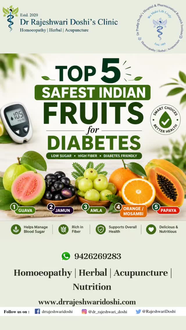 🍎 Top 5 Diabetes-Friendly Indian Fruits
✅ Guava
✅ Jamun
✅ Amla
✅ Orange/Mosambi
✅ Papaya
Why these fruits?
✔ Higher fiber
✔ Lower glycemic load
✔ Rich in vitamins and antioxidants
✔ Better blood sugar response compared with many sweeter fruits
⚠️ Portion control still matters.
Suggested portions: • Guava: 1 medium
• Jamun: 100–150 g
• Amla: 1–2 fruits
• Orange/Mosambi: 1 medium
• Papaya: 1 cup (150 g)
Avoid fruit juices, as they can raise blood sugar much faster than whole fruits.
References
•Krause and Mahan's Food & the Nutrition Care Process
•American Diabetes Association
•Joslin Diabetes Manual
•Williams Textbook of Endocrinology
#Diabetes #BloodSugar #DiabetesDiet #Guava #Jamun Amla Nutrition Prediabetes HealthyEating DrRajeshwariDoshi