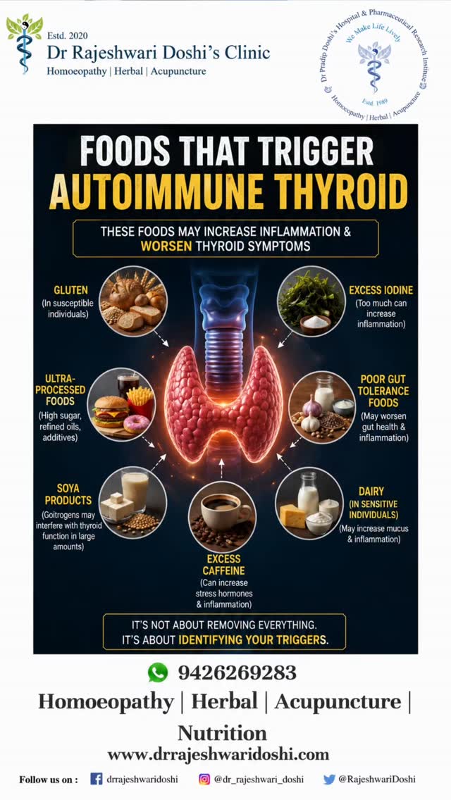 If you have Hashimoto's, these common foods may be making your symptoms worse.
Before we begin, an important reality check:
🚫 No single food causes Hashimoto's.
However, certain foods may increase inflammation, affect thyroid function, or worsen symptoms in susceptible individuals.
⚠️ Gluten
People with Hashimoto's have a higher prevalence of celiac disease and gluten sensitivity. In susceptible individuals, gluten may contribute to immune activation.
⚠️ Excess Iodine
While iodine is essential for thyroid hormone production, excessive intake can increase thyroid inflammation and antibody activity in autoimmune thyroid disease.
⚠️ Ultra-Processed Foods
Foods high in refined sugars, refined oils, and additives may promote chronic inflammation and negatively affect overall metabolic health.
⚠️ Poor Gut Tolerance Foods
If certain foods cause bloating, acidity, IBS symptoms, or digestive discomfort, they may contribute to gut inflammation, which can influence immune function.
⚠️ Soya Products (in excess)
Soy contains compounds called goitrogens. Most people can consume moderate amounts safely, but excessive intake, especially with iodine deficiency, may interfere with thyroid hormone production.
⚠️ Dairy (in sensitive individuals)
Some people with Hashimoto's report symptom improvement after addressing dairy intolerance or sensitivity. This is highly individual and not a universal recommendation.
⚠️ Excess Caffeine
High caffeine intake may increase stress hormones, worsen sleep quality, and indirectly affect thyroid symptom management.
The goal is not to remove everything.
✅ The goal is to identify YOUR triggers and build a personalised, sustainable diet.
Save this post and share it with someone managing Hashimoto's.
📚 References
• Williams Textbook of Endocrinology (14th Edition)
• Harrison's Principles of Internal Medicine (21st Edition)
• Krause's Food & the Nutrition Care Process
• Antonelli A, Ferrari SM, Corrado A, et al. Autoimmune thyroid disorders. Autoimmunity Reviews.
• Wiersinga WM. Clinical relevance of environmental factors in autoimmune thyroid disease. Endocrine Reviews.