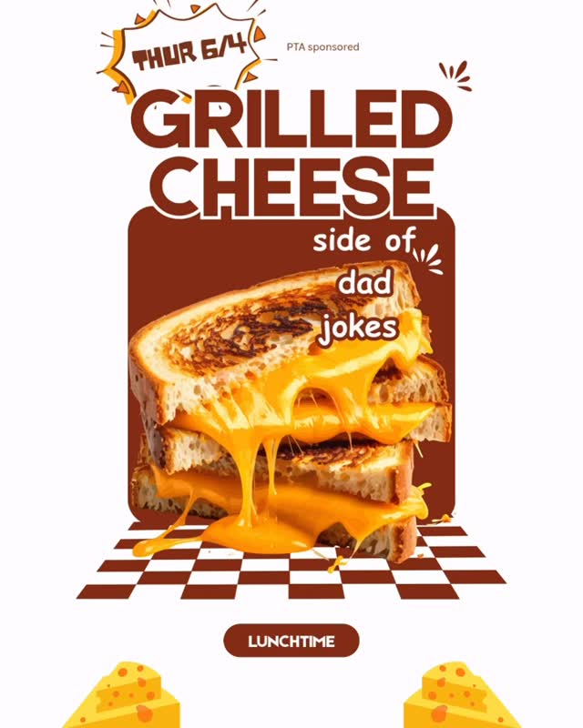 Get ready for a cheesy good time! No need to pack a lunch tomorrow🧀 PTA-sponsored Grilled Cheese event for the kids with a side of dad jokes. Mark your calendars for Thursday, 6/4, at lunchtime.😄 #GrilledCheese #DadJokes #LunchFun