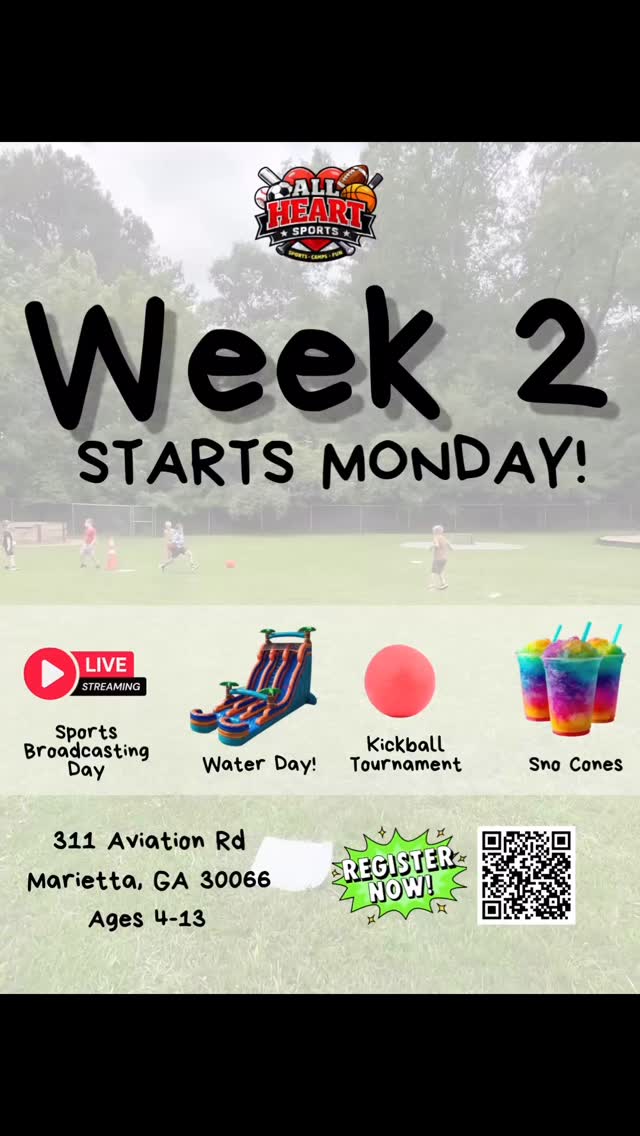 ๐โฝ๏ธ WEEK 2 STARTS MONDAY! โฝ๏ธ๐
Weโre just getting started! Join us for another action-packed week at All Heart Sports Camp featuring:
๐ฆ Water Day with our giant inflatable slide
๐ฅ Sports Broadcasting Day
๐ฅ Kickball Tournament
๐ง Sno Cones
๐ Team Challenges & Multi-Sport Fun
๐ 311 Aviation Rd, Marietta, GA
๐ง๐ฆ Ages 4-13
โฐ Open 7:30 AM - 5:30 PM
Only $199 for the week and spots are limited! Register today and make this your childโs best week of summer yet.
#AllHeartSports #MariettaSummerCamp #CobbCountyKids #SportsCamp #SummerFun โ๏ธ๐โฝ๏ธ๐ง๐ฆ