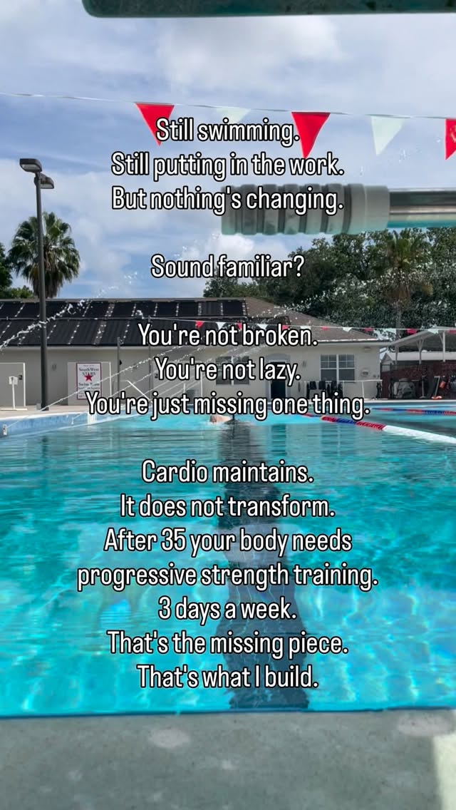 If you’re a masters swimmer putting in the yardage and still not seeing your body change, or if you're an ex-swimmer (aka swammer) and you're at a loss on how to get your athletic body back— this is the most important thing I can tell you.
You’re not doing anything wrong. Your intentions are there. You’re just using the right tool for the wrong job.
Swimming or cardio in general is incredible for your heart, your lungs, your mental health, your longevity. I will never tell you to stop.
But after 35, it cannot do what progressive strength training does. It cannot rebuild the muscle mass your body has been quietly losing since your early 30s. It cannot reset a metabolism that’s been slowing down without resistance training to push back against it.
Cardio burns calories in the moment. Strength training rebuilds the engine that burns them around the clock.
That’s the difference. And it’s a big one.
3 days a week layered on top of what you’re already doing in the water or land. That’s it. That’s the missing piece.
DM me “STRONG” and let’s build it together. 🏊♂️