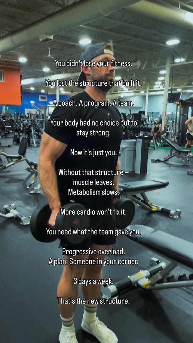 The team did more for your body than you realized.
It wasn’t just the yardage. It was the structure around it. A coach who programmed your progression. Teammates who showed up so you showed up. A plan that built on itself week after week.
That structure is what kept your body strong, lean, and capable for years.
When it went away — most people go back to cardio and hope for the best. But cardio without structure is just movement. It maintains at best. It doesn’t transform.
What your body needs now is the same thing it responded to then — progressive overload, a real program, and someone holding you accountable to it.
That’s exactly what I build for former and masters swimmers.
3 days a week. A plan that works. A coach who gets it.
DM me “STRONG” and let’s build your new structure. 🏊♂️