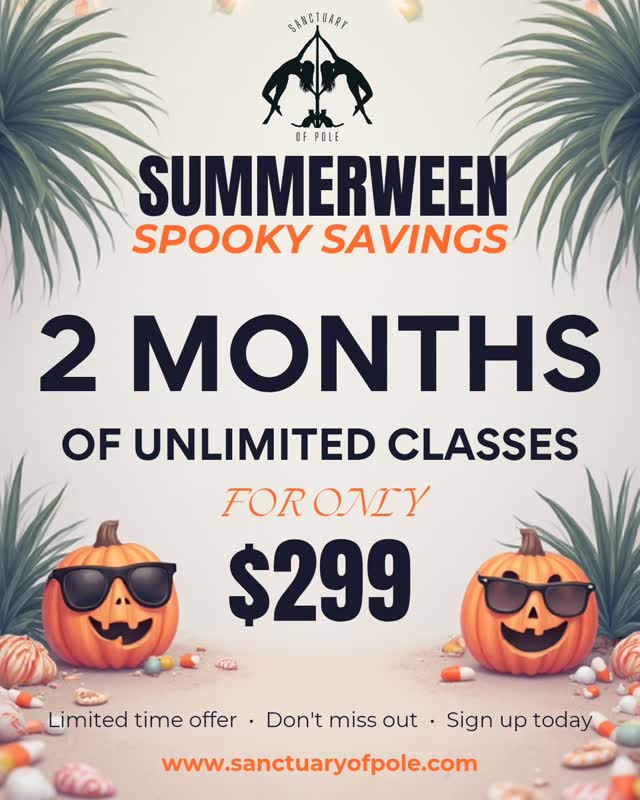 🎃☀️ SUMMERWEEN HAS ARRIVED AT SANCTUARY OF POLE ☀️🎃
Spooky season came early… and so did the deals. 👻🖤
🔥 2 MONTHS OF UNLIMITED CLASSES
💀 $299
That’s 2 full months to spin, climb, fly, dance, sweat, and maybe embrace your spooky side a little early.
✨ Pole
✨ Aerial
✨ Chair Dance
✨ Floorwork
✨ Flexibility & Strength Classes
✨ And more!
Your hot ghoul summer starts now. 🕸️☀️🎃
Sale ends June 12th, 2026
📍Sanctuary of Pole
#Summerween #sanctuaryofpole #GreenvilleSC #HotGhoulSummer #SpookySummer