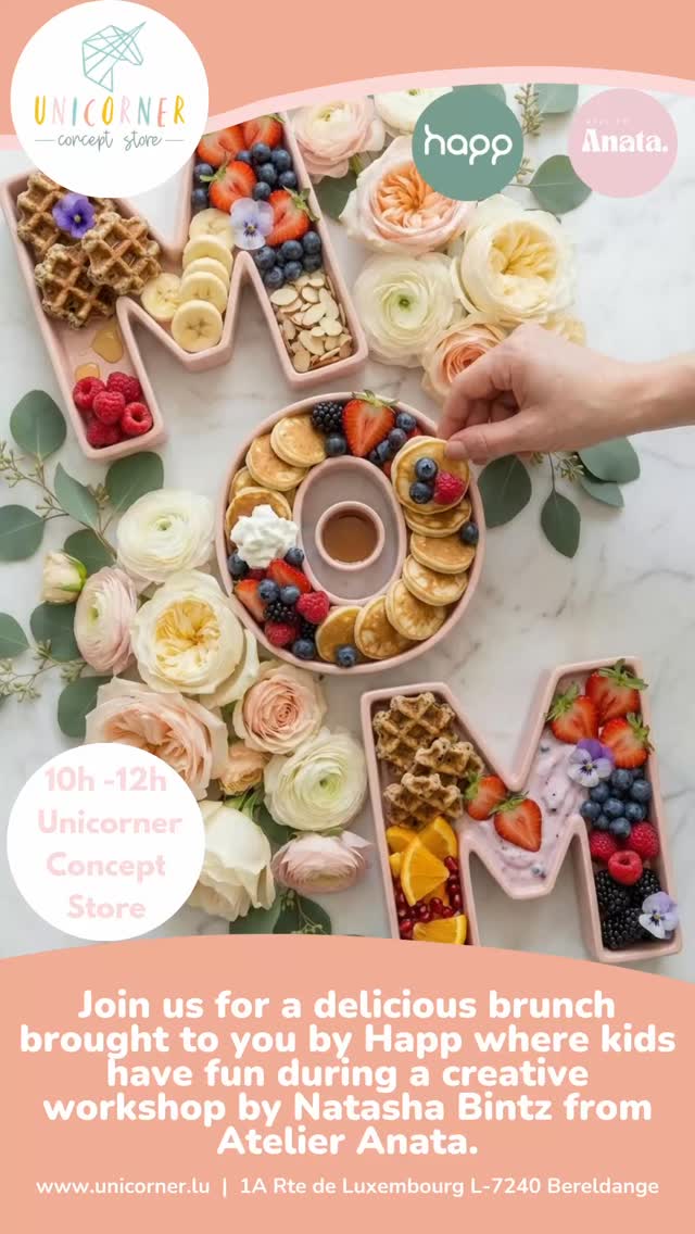 Mother’s Day Sunday Brunch
📆 Sunday 14th June 2026
🕚 Time: 10h and 12h
📍Where : Unicorner Concept Store
Celebrate Mother’s Day with good food, creative fun & beautiful family moments 💛
We’re so excited to invite you to a special brunch 3 course menu experience at Unicorner featuring a delicious menu by Happ and a creative children’s workshop by Atelier Anata.
While mums relax and enjoy a quality brunch, little ones can play, create and have fun in a cosy dedicated space nearby — making it the perfect outing for the whole family.
🌸 Adults brunch menu: €39
🌸 Kids menu: €15 + Creative workshop for +2y: €15 = €30
Choose from 3 adult menus and 2 kids menus.
#mamendaag #mothersday #brunchluxembourg #luxembourgparents