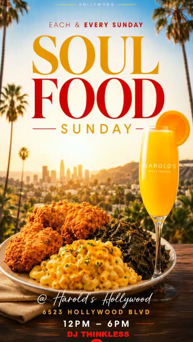 TODAY🎯 SUNDAY FUNDAY
🥂SOUL FOOD BRUNCH
You don’t want to miss the vibes!
♦️Bottomless Mimosas🥂
♦️12pm - 6pm
♦️Reserve your table! (Link in bio)
♦️Live DJ 🎶
🐔 Harold’s Chicken
Chicago’s Famous Chicken & Mild Sauce⠀
📍6523 Hollywood Blvd