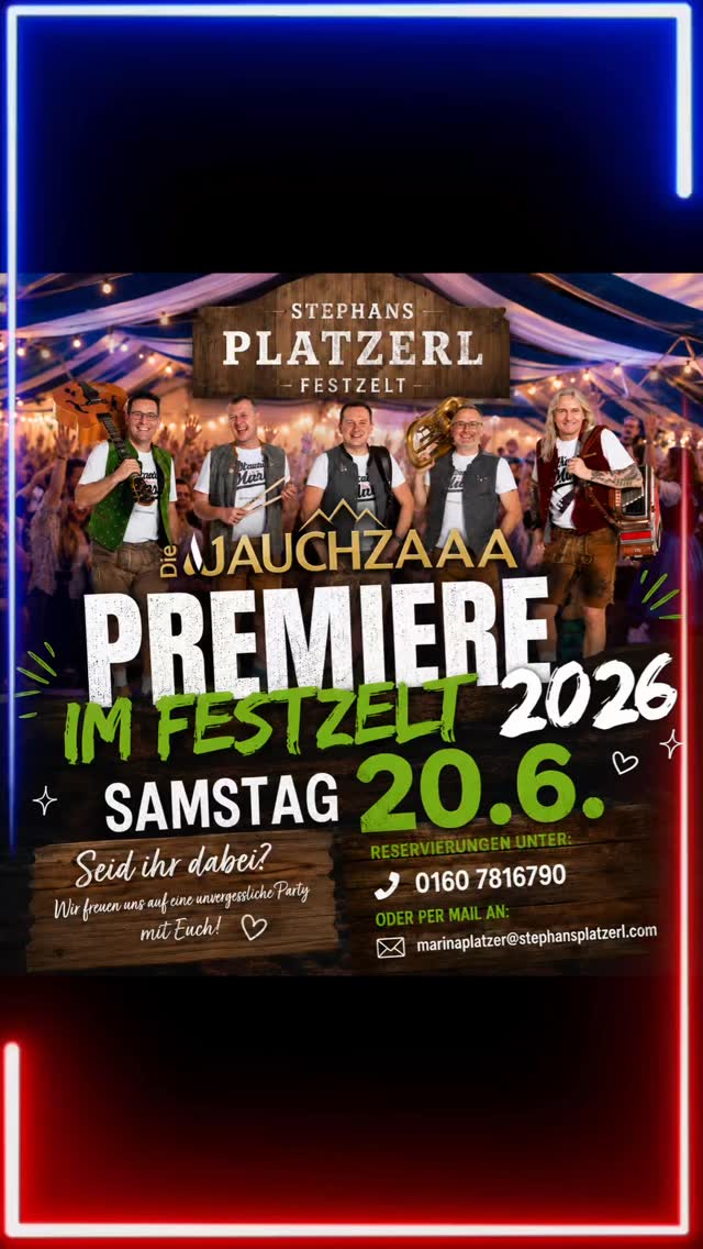 🎺🍻 PFORZHEIM, SEID IHR BEREIT? 🍻🎺
Die Partyband, die bereits in Deutschland, Österreich, Italien, Frankreich und der Schweiz für ausgelassene Stimmung gesorgt hat, feiert ihre Premiere bei uns im Festzelt!
🔥 DIE JAUCHZAAA LIVE IM STEPHANS PLATZERL FESTZELT 🔥
Mit ihrer einzigartigen Mischung aus mitreißender Volksmusik, Schlager, Austropop sowie den größten Oktoberfest- und Après-Ski-Hits sorgen die Vollblut-Musiker für eine Stimmung, bei der garantiert niemand sitzen bleibt.
🎶 100 % LIVE
🎶 100 % Leidenschaft
🎶 100 % Party
Ob Volksmusik-Fan, Schlagerliebhaber oder Partygänger – an diesem Abend kommt jeder auf seine Kosten.
📅 Samstag, 20. Juni 2026
📍 Stephans Platzerl Festzelt auf der Pforzheimer Messe
💥 Sichert euch rechtzeitig eure Plätze und erlebt einen unvergesslichen Abend voller Musik, Stimmung und guter Laune!
👇 Wer ist dabei? Markiert eure Festzelt-Crew in den Kommentaren!
🍻 Gemeinsam feiern, mitsingen, tanzen und einen legendären Abend erleben!
📞 Reservierungen: 0160 7816790
📧 E-Mail: marinaplatzer@stephansplatzerl.com
#StephansPlatzerl #DieJauchzaaa #Premiere2026 #Festzelt #PforzheimerMesse Volksmusik Schlager Austropop OktoberfestHits AprèsSki LiveMusik Pforzheim Enzkreis Partyabend Festzeltstimmung 🍻🎺🎉🔥