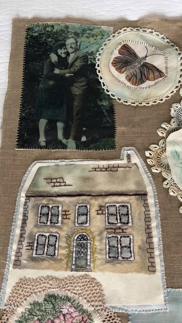 This piece is slowly coming together. With each small piece that is attached to the backing, it feels more like one structure.
It will eventually become a quilt, but there is a lot more stitching to do before that.
#narrative #familynarrative #storytelling