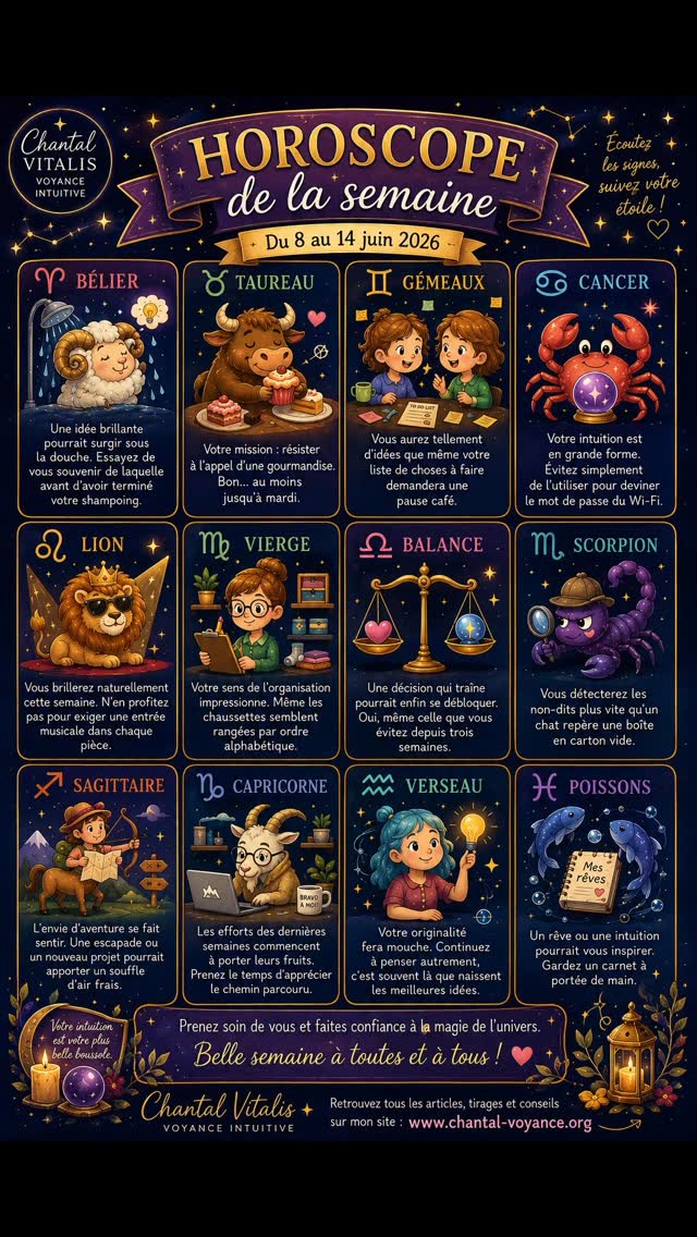 ✨🌙 HOROSCOPE DE LA SEMAINE 🌙✨
Les étoiles ont parlé... et Minuit, le Chat des Constellations, a pris quelques notes entre deux siestes. 🐈⬛✨
Découvrez votre horoscope de la semaine et laissez-vous porter par une dose de bonne humeur, de magie et de légèreté.
Cette semaine, les signes du zodiaque nous rappellent qu'il est parfois bon de ralentir, de sourire et de faire confiance aux petits clins d'œil de l'univers. 🌟
Quel est votre signe ? Dites-le-moi en commentaire et racontez-moi si votre horoscope vous ressemble ! 💜
🐈⬛ Le conseil de Minuit : "Les étoiles indiquent une forte probabilité de bonheur... surtout si vous pensez à prendre soin de vous."
Belle semaine à toutes et à tous ! ✨🌙
#Horoscope #HoroscopeDeLaSemaine #SigneAstrologique #Voyance #ChantalVitalis