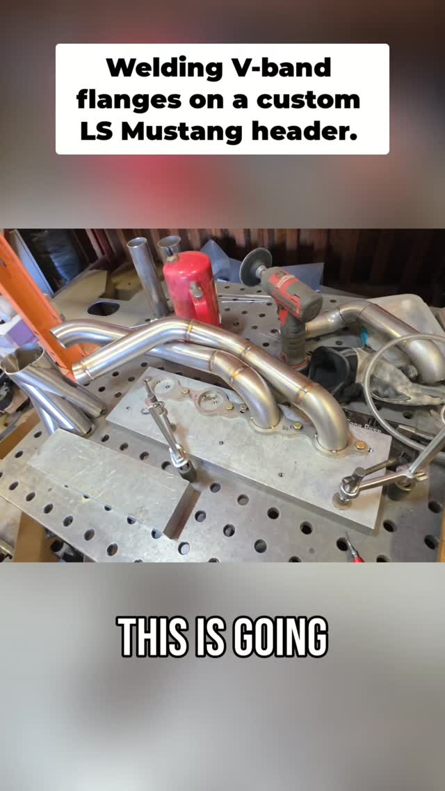 This '65 Mustang with an LS swap is looking pretty sweet! Welding the V-band flange before the header makes it easier. #Mustang #LSswap #CarBuild #V8 #Custom