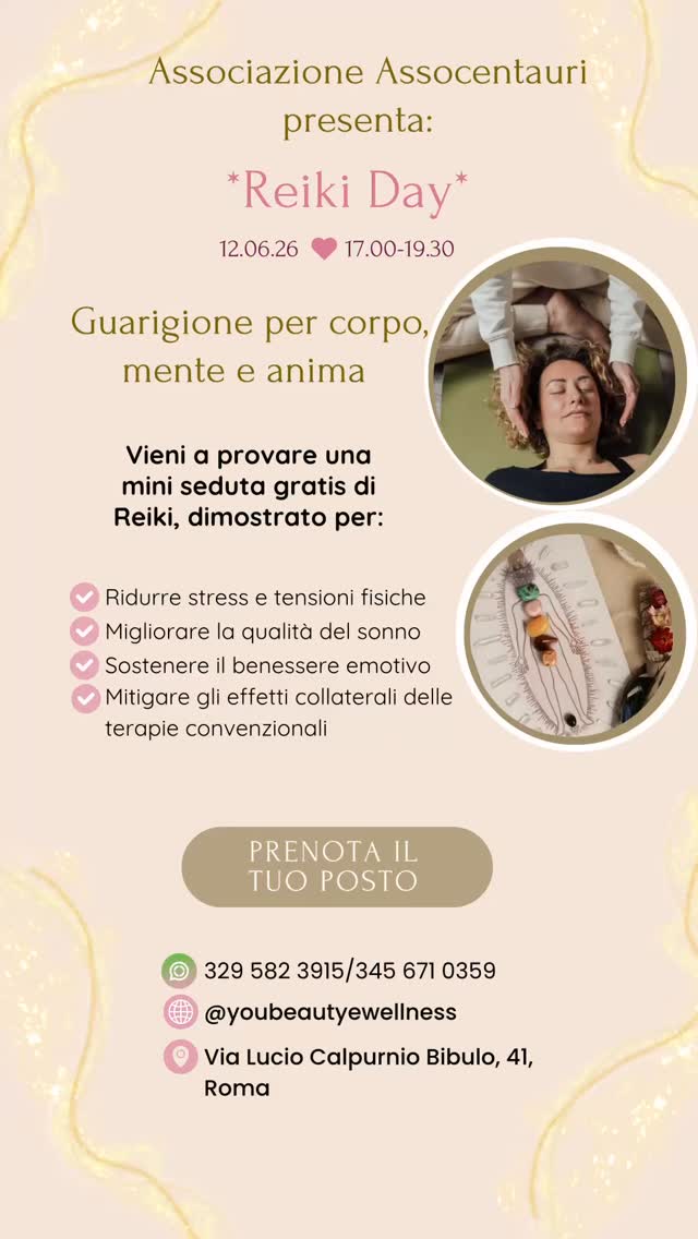 Quando è stata l’ultima volta che ti sei fermato davvero?
Venerdì 12 giugno, dalle 17:00 alle 19:30, ti aspettiamo presso l’Associazione Assocentauri per un pomeriggio dedicato al benessere e all’ascolto di sé.
Durante l’evento potrai ricevere una mini sessione gratuita di Reiki (20-30 minuti) con operatori qualificati e sperimentare uno spazio di profondo rilassamento, calma e riequilibrio.
L’iniziativa nasce dal desiderio di offrire sostegno e benessere alle donne che hanno affrontato un percorso oncologico e ai loro familiari, ma è aperta a chiunque desideri concedersi un momento di cura e serenità.
🌿 Partecipazione gratuita
📍 Via Lucio Calpurnio Bibulo 41, Roma
📅 12 giugno 2026
🕔 17:00 – 19:30
I posti sono limitati, perciò è gradita la prenotazione.
📞 329 582 3915 / 345 671 0359
#ReikiRoma #BenessereOlistico #RomaEventi #GestioneStress #BenessereEmotivo