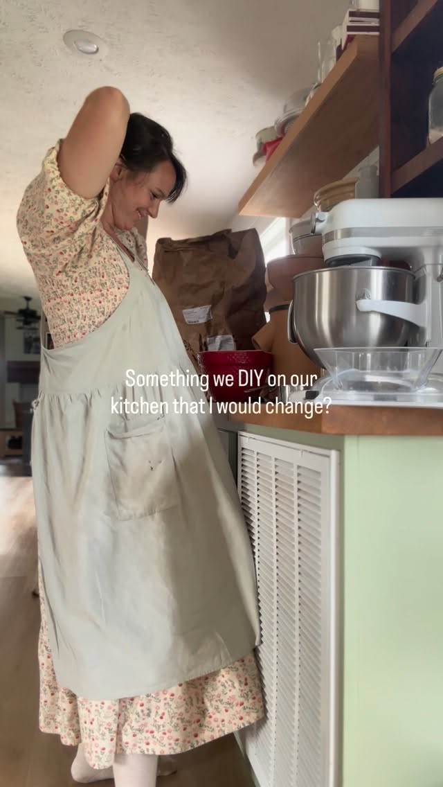 We added this extension cabinet to give me more counter space and I still love it, I just wish the vent was on the opposite side
I end up standing in this spot a lot cause it’s where the mixer is and it’s always something I think maybe someday we will change 😂
Incase you ever think things I share look picture perfect, they aren’t, I’m a normal person just like you with quirky things, loud kids, and all the normal mess of life. Content creation doesn’t mean we are fancier 🤣