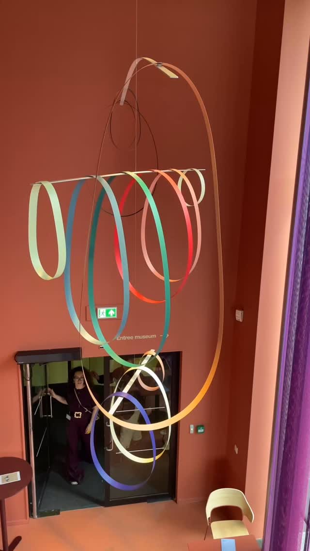 Fun to see my mobile hanging today during the re-opening of Van Abbe Museum café! It’s made from all steel. The rings are very thin spring steel, and they hang and bounce in such an interesting way, it was the inspiration for the project. I’ve made a few versions over the years, bigger and smaller. The smaller ones we have for sale in a webshop with @just_haasnoot. Just sayin. Thanks for a nice atmosphere and new home for this crazy project.
Congrats to @daphnalaurens on the beautiful redesign. And thanks for the commision.
Also thanks to @vanabbemuseum for going for it!
