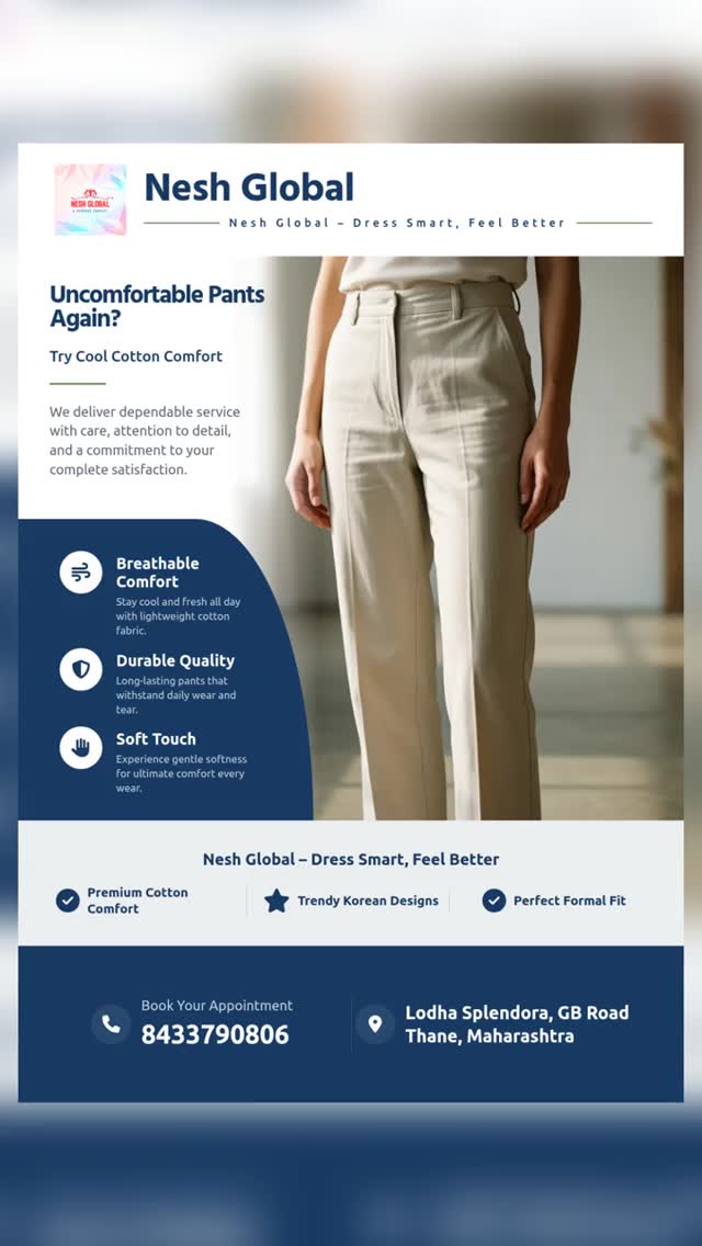 Discover comfortable and stylish cotton pants at Nesh Global, your local clothing shop. Perfect for everyday wear, our cotton pants combine quality fabric with a great fit.