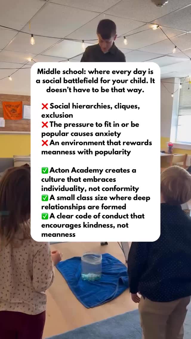 Middle school doesn’t have to be a battlefield.
At Acton, we’ve built something different: a community where your child doesn’t just survive, they thrive.
Instead of navigating cliques and social hierarchies, our students are part of a tight-knit learning studio where everyone belongs. Small class sizes mean deep friendships form naturally, and mixed-age groups create mentorship instead of competition.
The culture at Acton is built on a clear code of conduct that students create and uphold together, and it’s one that celebrates kindness, courage, and individuality. Here, being yourself is celebrated, not criticized.
Students tackle real challenges as a team, hold each other accountable with respect, and develop the confidence that comes from being truly seen and valued.
This is why we consistently find that Acton students love going to school, because they feel safe to take risks and build friendships that matter.
We believe that this is how middle school should be.
