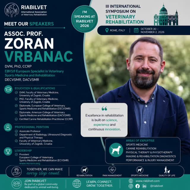 🇮🇹✨ Siamo orgogliosi di presentare uno dei principali esperti europei di medicina sportiva e riabilitazione veterinaria:
🎓 Prof. Zoran Vrbanac, DVM, PhD, CCRP
🇭🇷 Croazia
EBVS® European Specialist in Veterinary Sports Medicine and Rehabilitation
✔ DECVSMR (European College of Veterinary Sports Medicine and Rehabilitation)
✔ DACVSMR (American College of Veterinary Sports Medicine and Rehabilitation)
✔ CCRP – Certified Canine Rehabilitation Practitioner
✔ Professore presso la Facoltà di Medicina Veterinaria dell'Università di Zagabria
✔ Presidente dell'European College of Veterinary Sports Medicine and Rehabilitation (ECVSMR)
---
🌍 Con una carriera accademica e clinica di altissimo livello, il Prof. Zoran Vrbanac è riconosciuto a livello internazionale per il suo contributo allo sviluppo della medicina sportiva veterinaria, della riabilitazione e della fisioterapia applicata ai piccoli animali.
La sua attività integra ricerca, insegnamento universitario e pratica clinica avanzata, contribuendo alla formazione di professionisti in tutta Europa.
---
📍 Il Prof. Zoran Vrbanac sarà tra i relatori internazionali del:
🎓 III International Symposium on Veterinary Rehabilitation – RIABILVET 2026
📅 30 ottobre – 2 novembre 2026
📍 Roma, Italia
---
💬 “Excellence in rehabilitation is built on science, experience and continuous innovation.”
---
🔥 Iscrizioni aperte
🎟️ Posti limitati
🌐 www.riabilvet.com
#Riabilvet2026
#ECVSMR
#VeterinaryRehabilitation
#SportsMedicine
VeterinaryNeurology