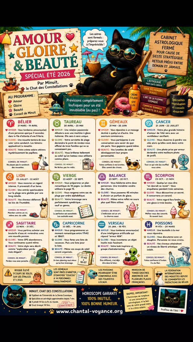 Et si les étoiles décidaient de prendre leurs vacances elles aussi ? ☀️
Cette année, Minuit, le Chat des Constellations, a abandonné toute tentative de sérieux pour vous livrer un horoscope estival totalement loufoque.
Au programme : des mouettes mal intentionnées, des ventilateurs séduisants, des dauphins bavards, des tongs rebelles et quelques catastrophes cosmiques parfaitement inutiles.
⚠️ Aucun signe n'a été épargné.
Alors dites-moi : quelle prédiction correspond le mieux à votre été ? 😄
Et surtout, n'oubliez pas le conseil le plus important de Minuit :
✨ Profitez, riez, aimez, nagez, mangez, reposez-vous... et recommencez. ✨
🐾 Bel été à tous !
#HoroscopeHumoristique #HumourAstrologique #MinuitLeChat #Été2026 #ChantalVitalisVoyance