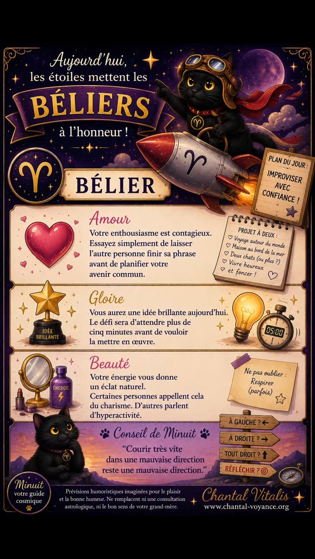🐈⬛✨ Aujourd'hui, les étoiles mettent les Béliers à l'honneur !
♈ Les Béliers sont connus pour leur énergie, leur enthousiasme et leur incroyable capacité à démarrer une aventure avant même d'avoir lu les instructions.
Voyons ce que Minuit a observé aujourd'hui... 🌙
💘 Amour Votre enthousiasme est contagieux. Essayez simplement de laisser l'autre personne finir sa phrase avant de planifier votre avenir commun.
⭐ Gloire Vous aurez une idée brillante aujourd'hui. Le défi sera d'attendre plus de cinq minutes avant de vouloir la mettre en œuvre.
💄 Beauté Votre énergie vous donne un éclat naturel. Certaines personnes appellent cela du charisme. D'autres parlent d'hyperactivité.
🐈⬛ Conseil de Minuit "Courir très vite dans une mauvaise direction reste une mauvaise direction."
✨ Prévisions humoristiques imaginées pour le plaisir et la bonne humeur. Ne remplacent ni une consultation astrologique, ni le bon sens de votre grand-mère.
👇 Dites-moi en commentaire :
Êtes-vous Bélier ou connaissez-vous un Bélier qui fonce avant de réfléchir ? 😄🔥
#Belier #SigneDuJour #HoroscopeHumoristique #MinuitLeChat #ChantalVitalis