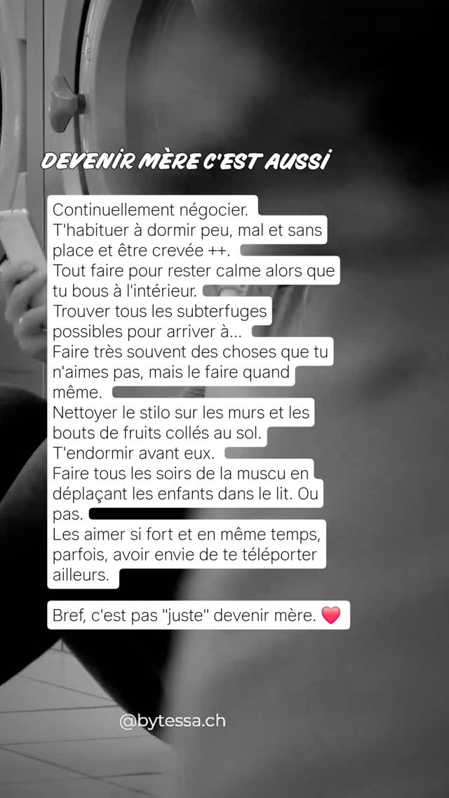C'est pas juste "devenir mère"...
C'est aussi continuellement négocier.
T'habituer à dormir peu, mal et sans place et être crevée ++.
Tout faire pour rester calme alors que tu bous à l'intérieur.
Trouver tous les subterfuges possibles pour arriver à...
Faire très souvent des choses que tu n'aimes pas, mais le faire quand même.
Nettoyer le stilo sur les murs et les bouts de fruits collés au sol.
T'endormir avant eux.
Faire tous les soirs de la muscu en déplaçant les enfants dans le lit. Ou pas.
Les aimer si fort et en même temps, parfois, avoir envie de te téléporter ailleurs.
Bref, c'est pas "juste" devenir mère. ❤️