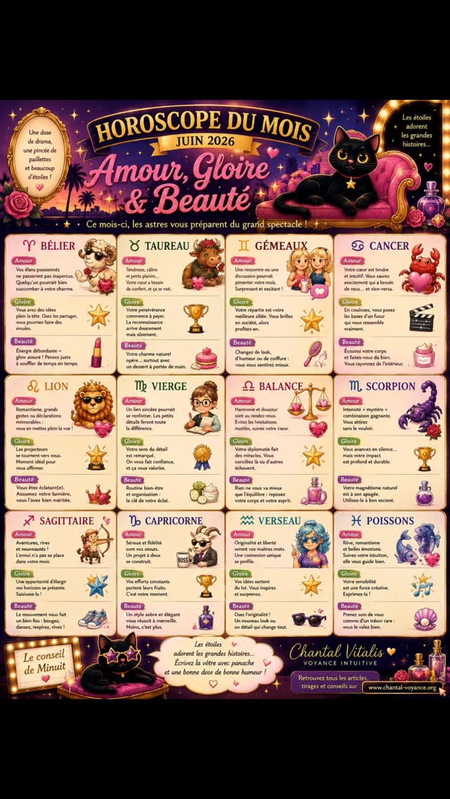 Une petite nouveauté avec un peu ee retard .✨🌙 HOROSCOPE DU MOIS 🌙✨
💘 Amour
⭐ Gloire
💄 Beauté
Et si ce mois-ci, les étoiles décidaient de se prendre un peu moins au sérieux ?
Découvrez votre horoscope du mois, revisité avec humour, douceur et une pincée de paillettes cosmiques. ✨
🐈⬛ Accompagné de Minuit, le Chat des Constellations, notre nouvelle mascotte astrologique, partez à la découverte des messages que les étoiles ont préparés pour votre signe.
Alors... que vous réservent l'amour, la gloire et la beauté ce mois-ci ? 🌙
Quel est votre signe ? Dites-le-moi en commentaire ! ✨💜
#Horoscope #HoroscopeDuMois #AmourGloireEtBeauté #MinuitLeChatDesConstellations