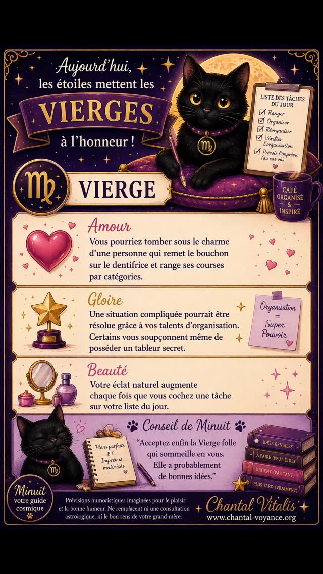 🐈⬛✨ Aujourd'hui, les étoiles mettent les Vierges à l'honneur !
♍ Les Vierges sont réputées pour leur sens de l'organisation, leur sérieux et leur capacité à retrouver un document perdu depuis 2017 en moins de trois minutes.
Voyons ce que Minuit a observé aujourd'hui... 🌙
💘 Amour
Vous pourriez tomber sous le charme d'une personne qui remet le bouchon sur le dentifrice et range ses courses par catégories.
⭐ Gloire
Une situation compliquée pourrait être résolue grâce à vos talents d'organisation. Certains vous soupçonnent même de posséder un tableur secret.
💄 Beauté
Votre éclat naturel augmente chaque fois que vous cochez une tâche sur votre liste du jour.
🐈⬛ Conseil de Minuit
"Acceptez enfin la Vierge folle qui sommeille en vous. Elle a probablement de bonnes idées."
✨ Prévisions humoristiques imaginées pour le plaisir et la bonne humeur. Ne remplacent ni une consultation astrologique, ni le bon sens de votre grand-mère.
👇 Dites-moi en commentaire :
Êtes-vous Vierge ou connaissez-vous une Vierge qui se reconnaît dans ce portrait ? 😄
#Vierge #SigneDuJour #HoroscopeHumoristique #MinuitLeChat #ChantalVitalis