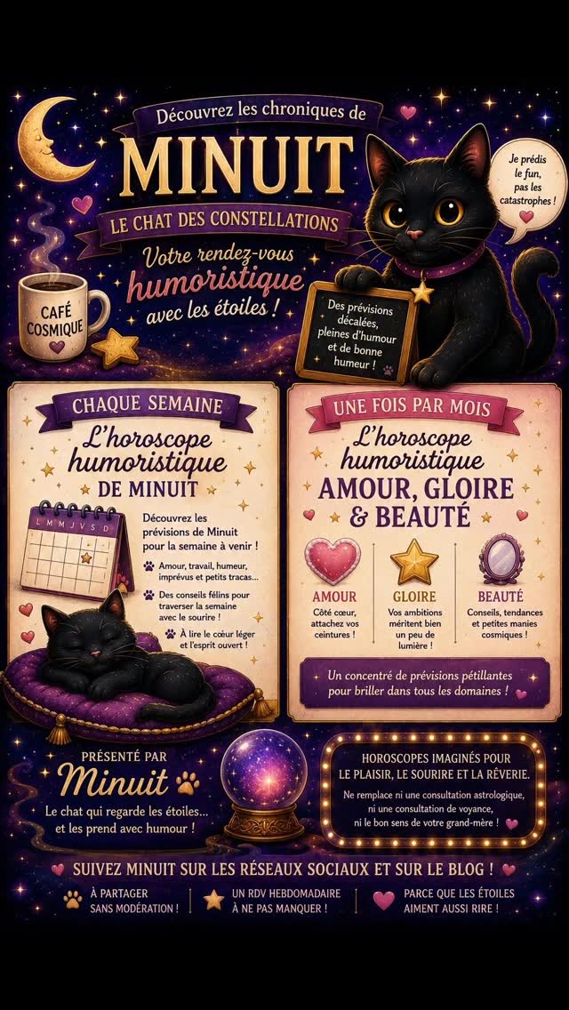 L'horoscope le moins sérieux de la galaxie
Je vais vous faire une confidence...
Sur mon site, il est parfois question de voyance, d'intuition, de rêves, de sophrologie ou de développement personnel.
Et puis un jour, un petit chat noir est apparu.
Personne ne sait vraiment d'où il vient.
Certains prétendent qu'il est tombé d'une constellation.D'autres pensent qu'il est simplement sorti d'une sieste particulièrement inspirée.
Depuis, Minuit s'est autoproclamé spécialiste des étoiles, des planètes, des signes du zodiaque et, surtout, des bêtises cosmiques.
Les chroniques de Minuit
Chaque semaine, Minuit vous propose un horoscope humoristique.
Chaque mois, il publie son célèbre rendez-vous :
💘 Amour⭐ Gloire💄 Beauté
Des prévisions légères, décalées et pleines d'humour, à lire avec le sourire.
Ici, pas de calculs astrologiques compliqués, pas de maisons astrales mystérieuses ni de transits planétaires à décrypter.
Seulement un peu de fantaisie, quelques clins d'œil aux signes du zodiaque et beaucoup de bonne humeur.
Pourquoi un horoscope humoristique ?
Parce que la vie est parfois suffisamment sérieuse comme ça.
Parce qu'un sourire peut illuminer une journée.
Et parce que Minuit est persuadé que les étoiles aiment aussi s'amuser.
Alors, chaque semaine et chaque mois, il partage ses observations plus ou moins fiables de l'univers.
Le conseil de Minuit
"Les étoiles sont fascinantes. Mais n'oubliez jamais d'écouter aussi votre intuition, votre cœur et le bon sens de votre grand-mère."
🐾 À très bientôt pour une nouvelle chronique cosmique !
— Minuit le Chat des Constellations
Important
Les chroniques de Minuit sont proposées dans un esprit ludique et humoristique.
Elles ont pour seul objectif d'apporter un moment de détente, un sourire et un peu de rêverie.
Elles ne remplacent ni une consultation astrologique, ni une consultation de voyance personnalisée, ni un accompagnement professionnel.
#Horoscope humoristique #horoscope fun #ChantalVitalis #humour