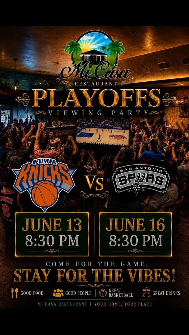 🏀 PLAYOFFS VIEWING PARTY IS ON! 🏀
Catch every second of the action with fellow fans at Mi Casa Restaurant! Grab your crew, enjoy great drinks, delicious food, and the electric game-day atmosphere while watching the New York Knicks take on the San Antonio Spurs.
📅 June 13 & June 16
⏰ 8:30 PM
Who are you rooting for? 👀🔥
#PlayoffsViewingParty #KnicksNation #SanAntonioSpurs #GameNight #BasketballFans WatchParty MiCasaRestaurant SportsBarVibes GameDay NYKnicks BasketballSeason FoodAndDrinks NightOut BasketballLife SportsFans